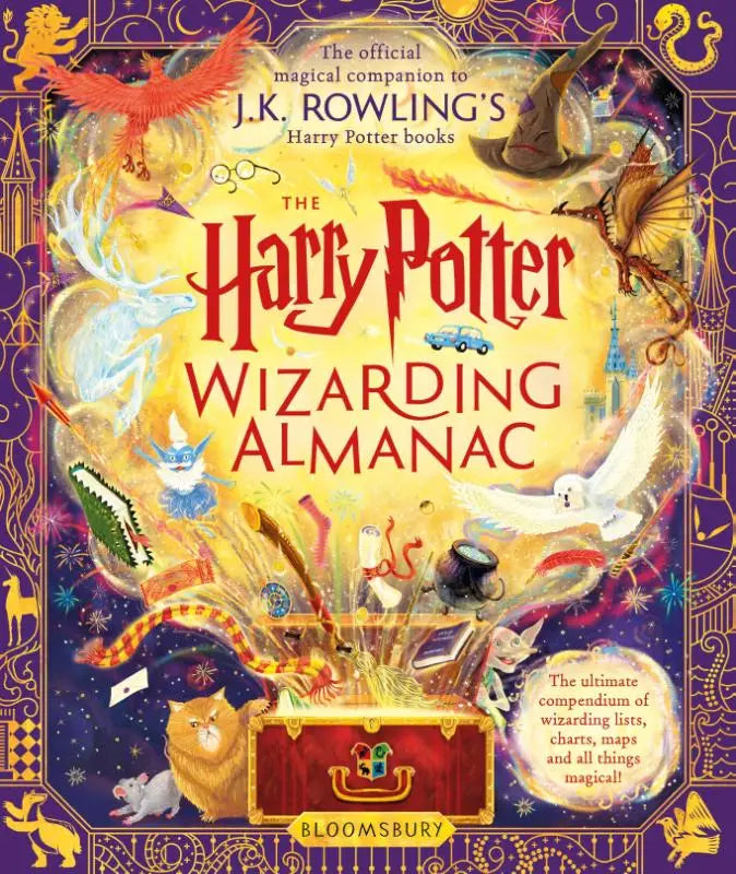 De harry potter wizarding almanac gift editie met een levendige paarse en gouden omslag en magische illustraties van draken en uilen