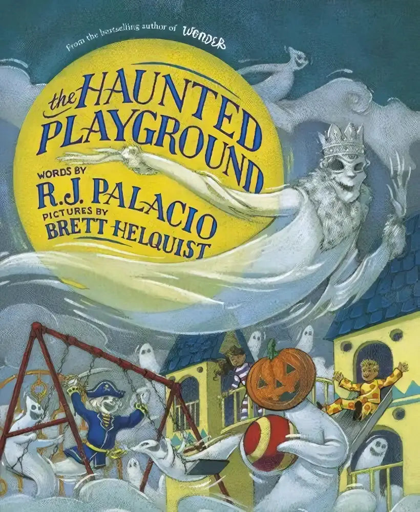 De haunted playground boekomslag toont een spookachtige illustratie met geesten en halloween thema’s