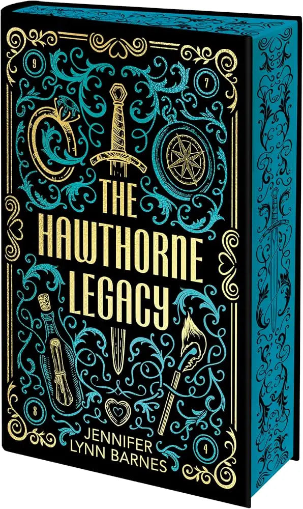 Zwarte hardcover editie van the Hawthorne Legacy met teal en gouden fantasierijke illustraties op de kaft