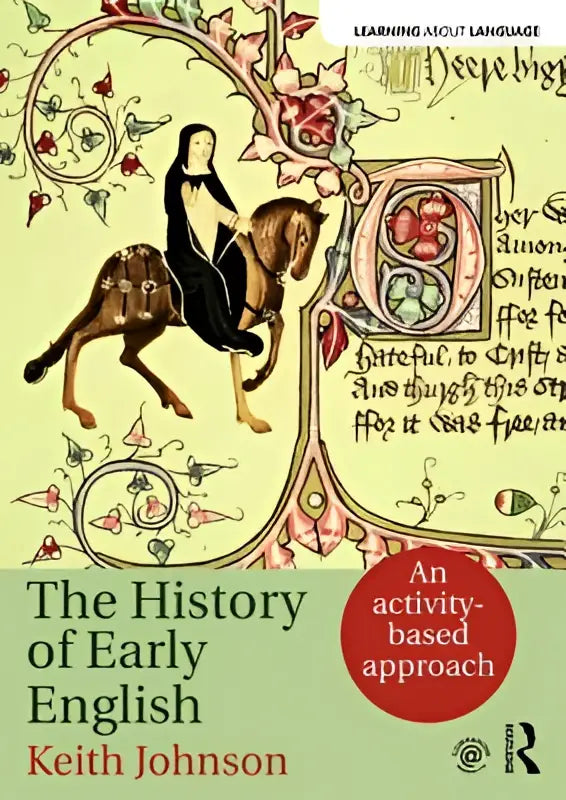 De geschiedenis van early english boekomslag met sierlijke middeleeuwse illustraties op een lichtgroene achtergrond