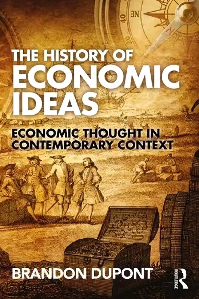 Schrijver brandon dupont’s boek the history of economic ideas toont economische gedachte in een hedendaagse context met sepia illustraties