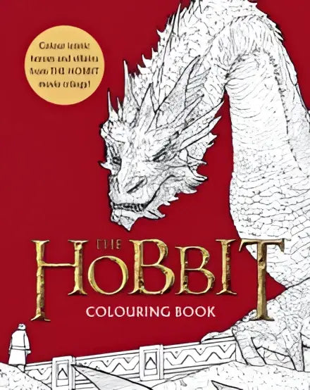 The hobbit filmtrilogie kleurboek met gedetailleerde zwart-wit draak tekening op een rode cover