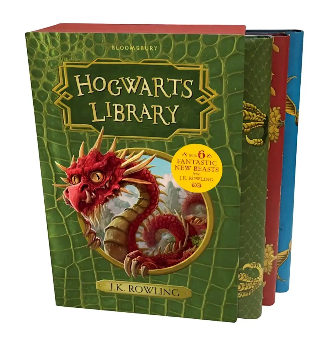 Green crocodile-textured hardcover book set with red dragon illustration and gold lettering from the hogwarts library box set by j.k. rowling