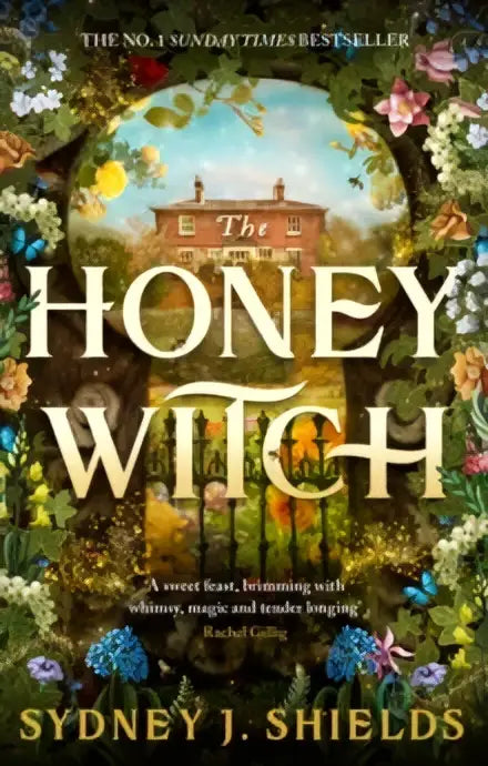 The honey witch boekomslag toont een geïllustreerd ontwerp met weelderig groen en bloemen rond een oud huis