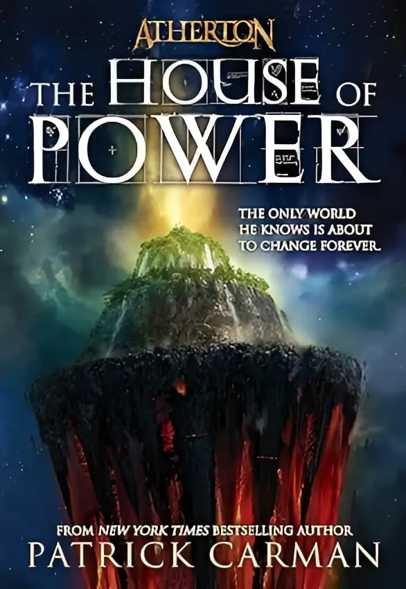 De cover van the house of power atherton boek 1 toont een donkere toren met groen en rood licht tegen een sterrennacht