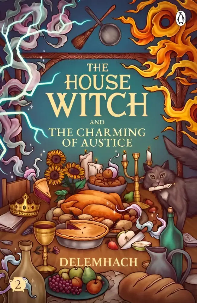 The house witch boekomslag toont een magisch feest met levendige kleuren in een sfeervolle cosy fantasy setting