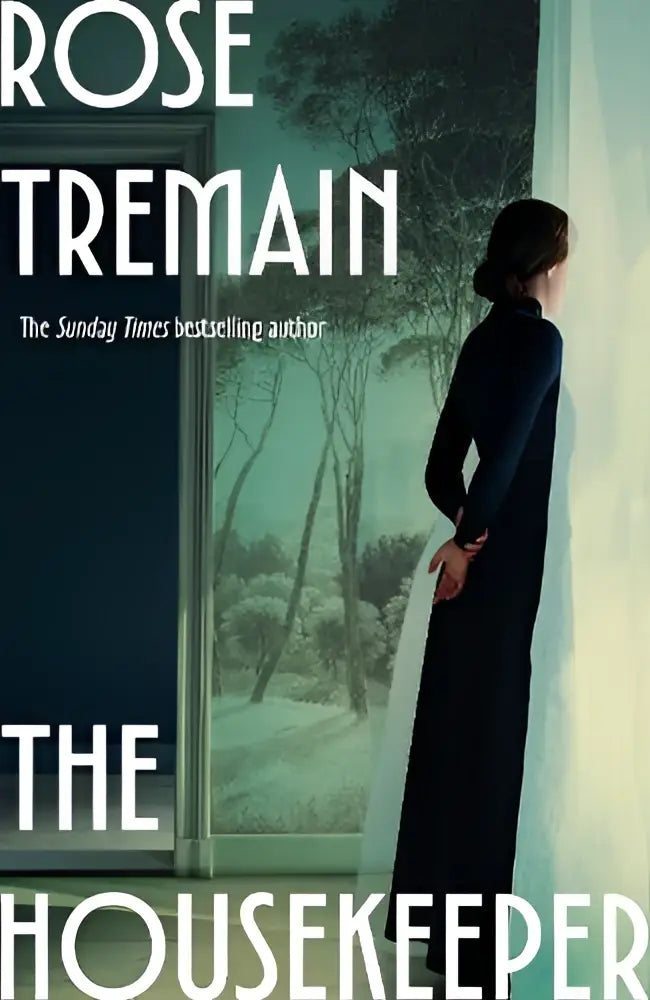 The housekeeper hardcover book with a dark blue cover showing a woman in black by a snowy window