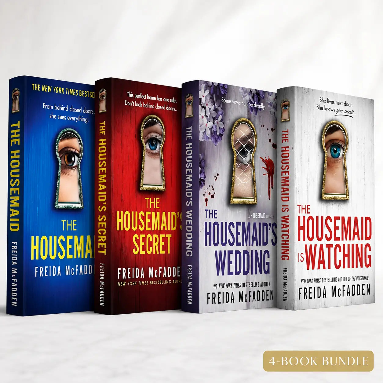 Vier hardcover boeken in een bundel met oogvormige sleutelgatcovers uit freida mcfaddens the housemaid serie voor psychologische spanning en verslavende thrillers familie winchester