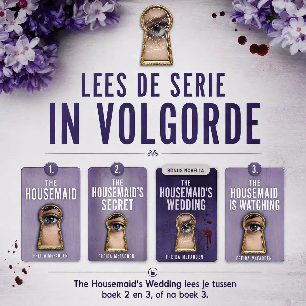 Paarse boekomslagen met goudkleurige sleutelgat en oog ontwerp van de serie the housemaid door freida mcfadden voor psychologische spanning en verslavende thrillers familie winchester
