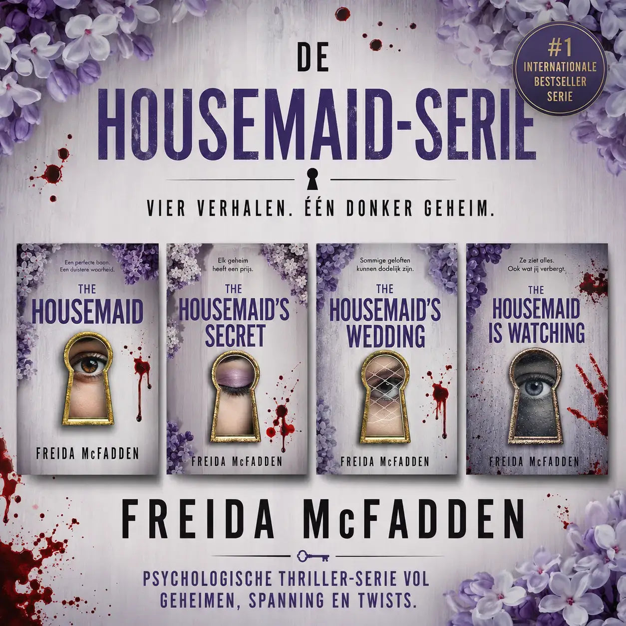 De housemaids serie door freida mcfadden toont vier thrillers met gouden sleutelgat en paarse lila accenten bij housemaids wedding