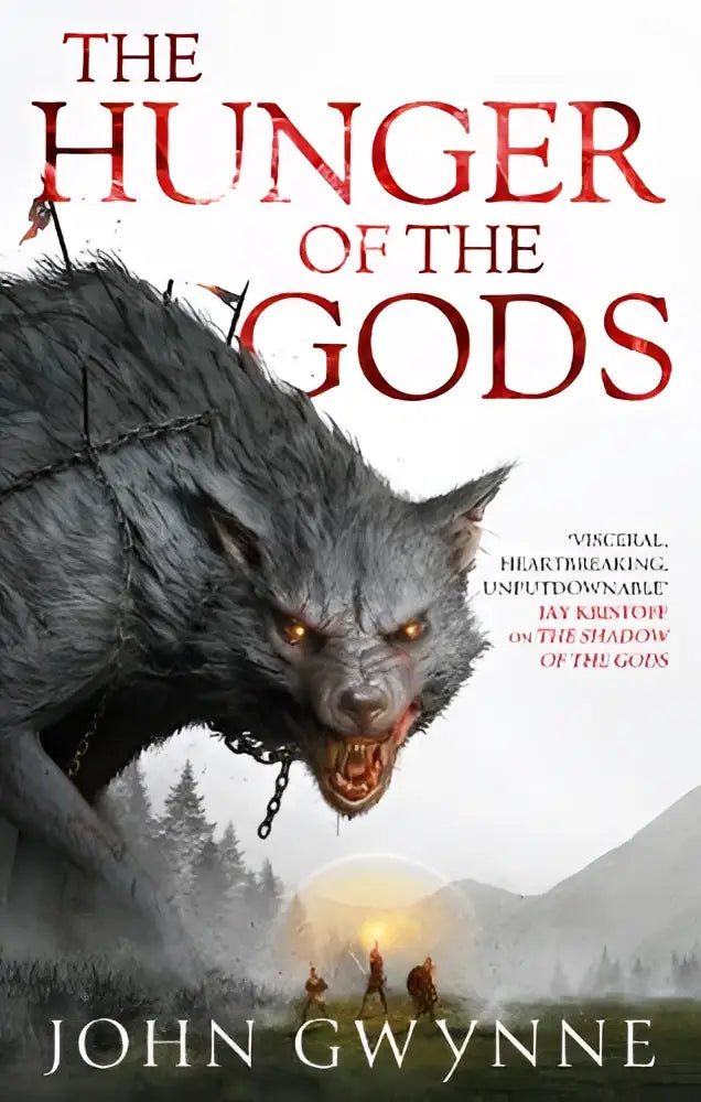 The hunger of the gods book cover from the bloodsworn saga features a gray wolf with glowing eyes and chains