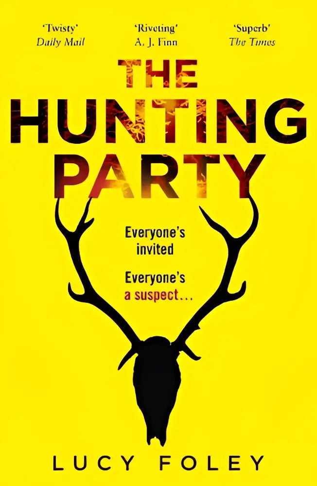 Gele boekcover van the hunting party met zwarte hertenbok en rode gradient voor de meest spannende misdaad thriller van 2019