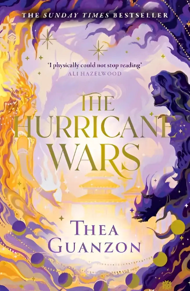 The hurricane wars fantasy novel by thea guanzon with ornate purple and gold flames and silhouettes on a starry sky