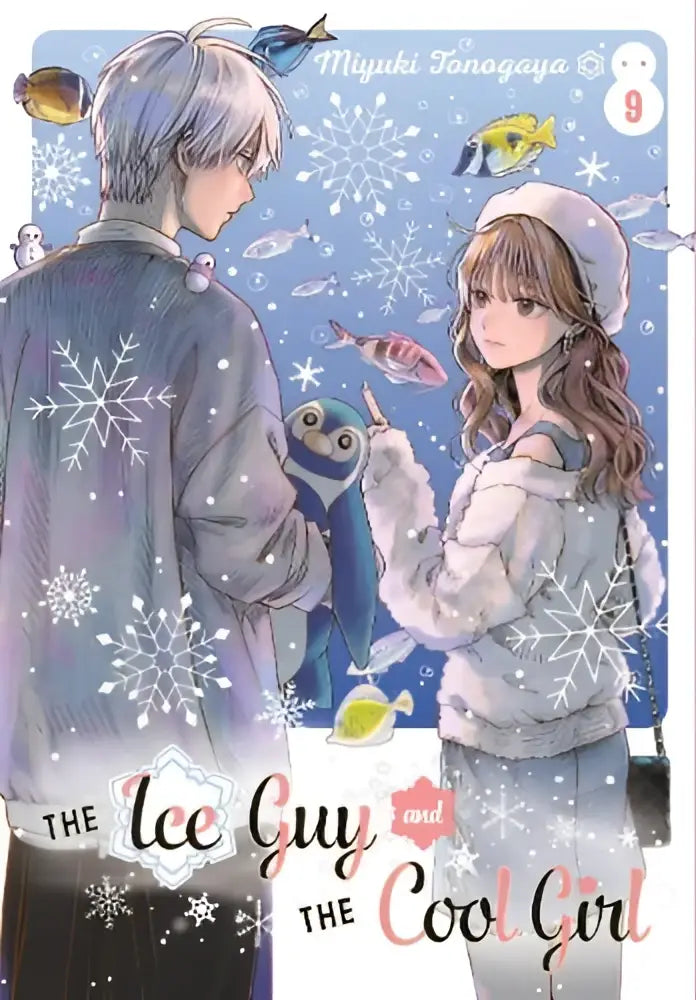 Cover van the ice guy and the cool girl volume 9 met anime-personages in winterkleding en sneeuwvlokken