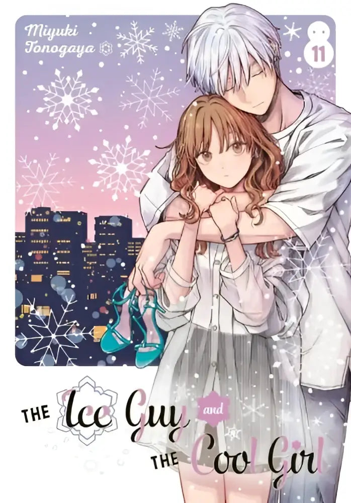 De kaft van the ice guy and the cool girl volume 11 toont een geïllustreerd koppel tegen een besneeuwde stadsachtergrond