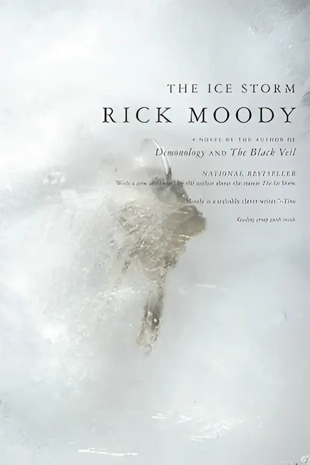 The ice storm van Rick Moody hardcover boek met bevroren witte kaft en zwarte serif lettertype auteur naam