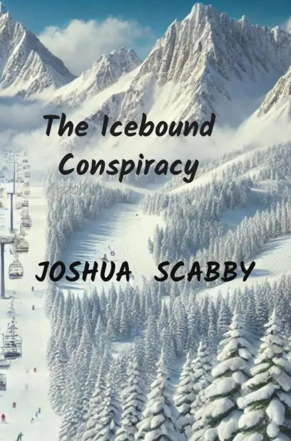 Boekcover van the icebound conspiracy door joshua scabby met sneeuwbedekte bergen en skiliften onder blauwe lucht