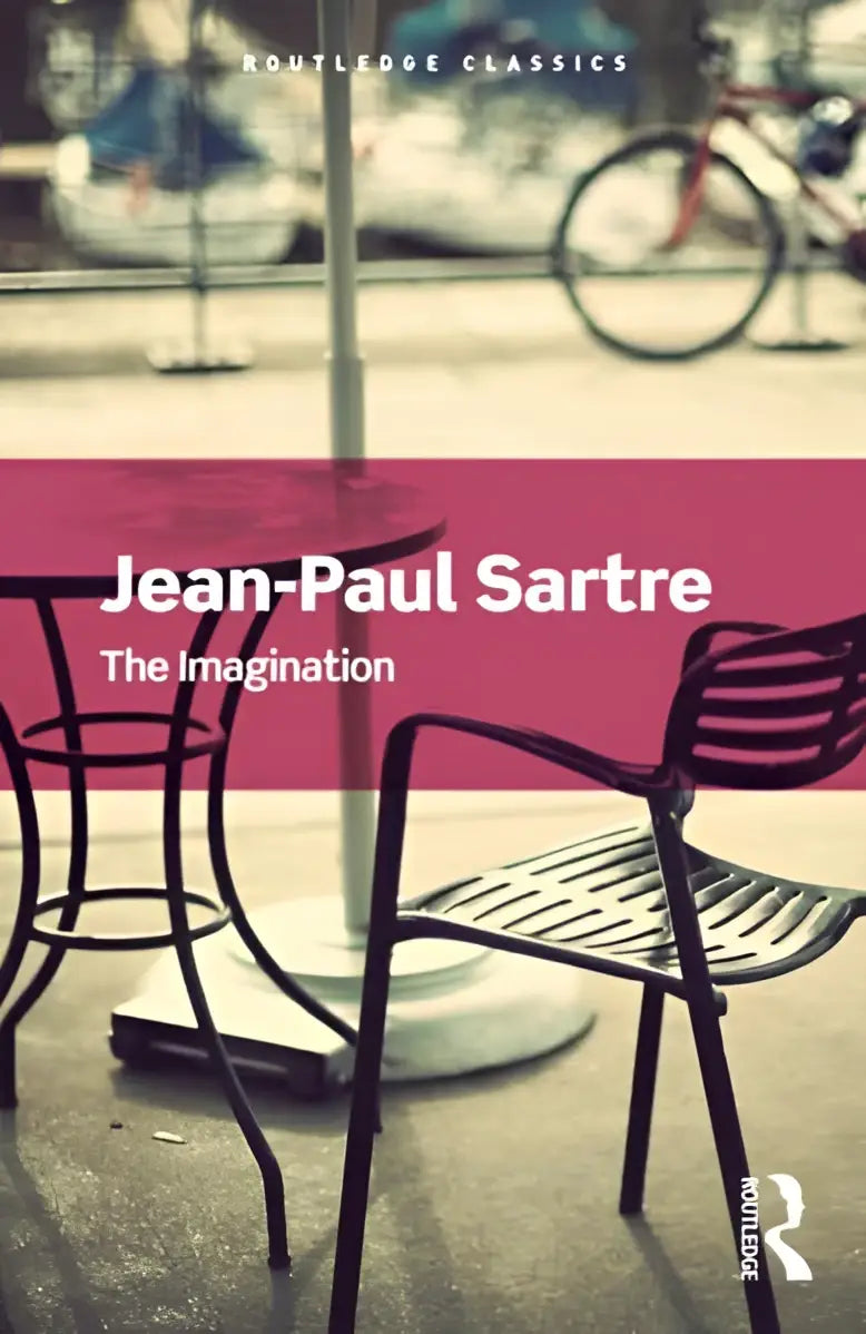 The imagination van jean-paul sartre routledge classics paperback met minimalistische zwarte metalen stoelen en tafels op stedelijke achtergrond