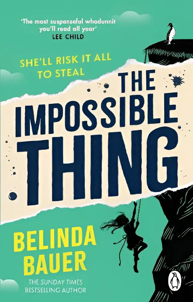 Boekomslag van the impossible thing door belinda bauer met gedurfde donkerblauwe letters op gescheurd papier en teal en roomkleurige achtergrond