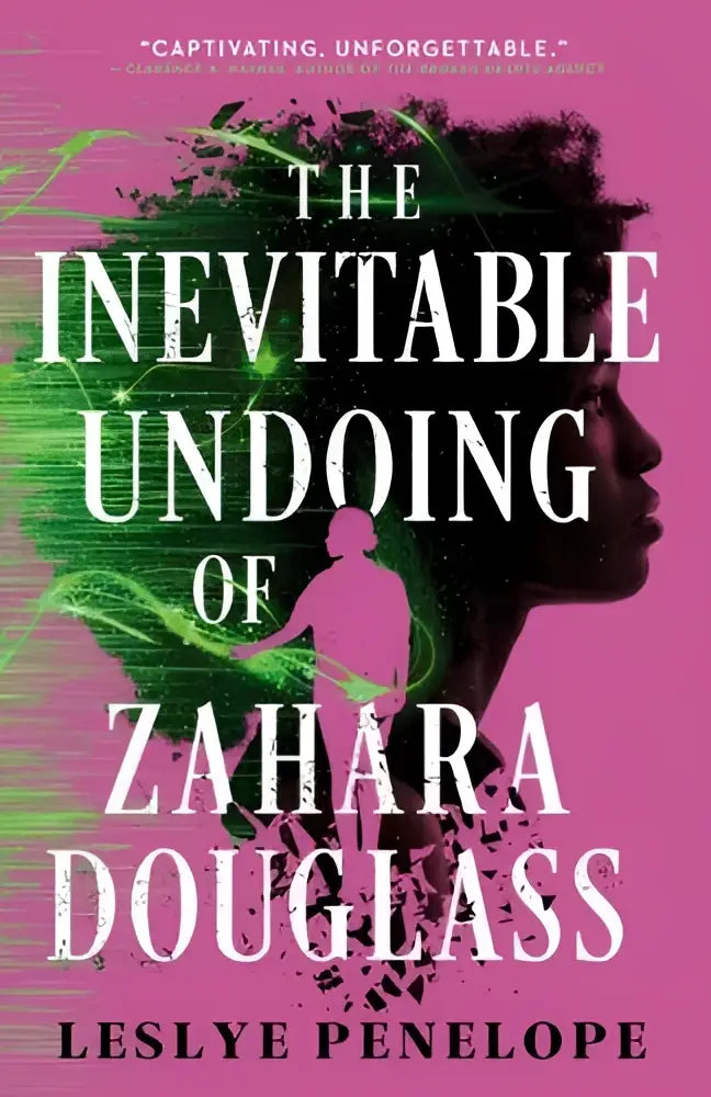 De boekcover van the inevitable undoing van zahara douglass toont een opvallend roze en groen ontwerp met witte tekst