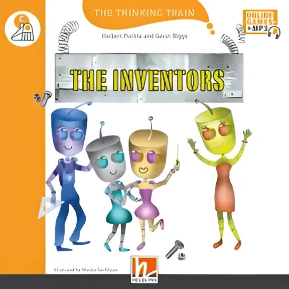 Boekcover De Uitvinders met vier cartoon-uitvinders in blauw, zilver, goud en groen