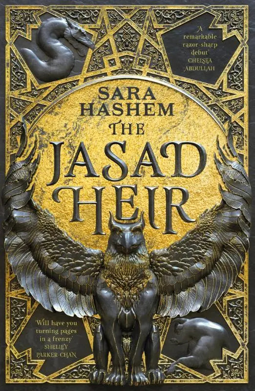 The jasad heir book cover with a dark metallic griffin and gold accents in the egyptian-inspired enemies-to-lovers fantasy