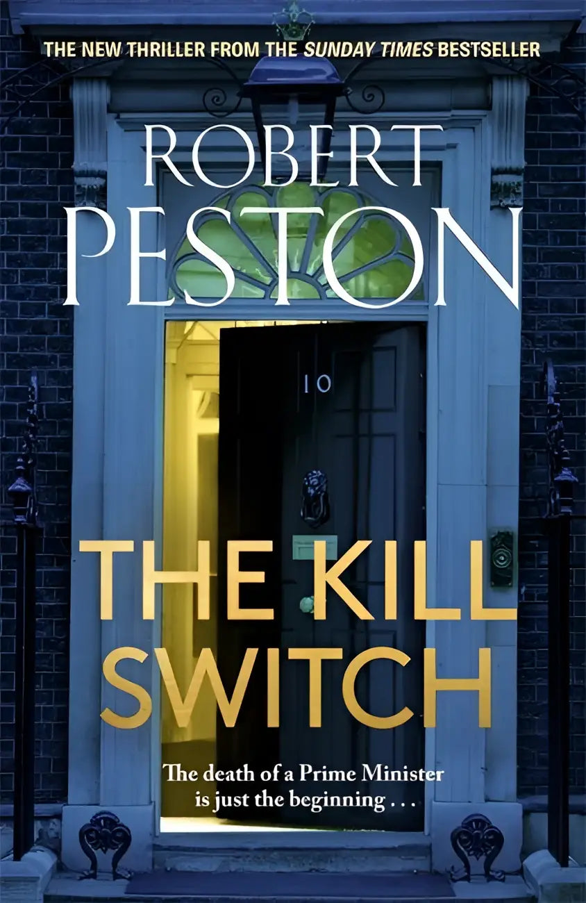 The kill switch thriller boek van robert peston met donkere bakstenen gevel en gloeiende gele deur centraal