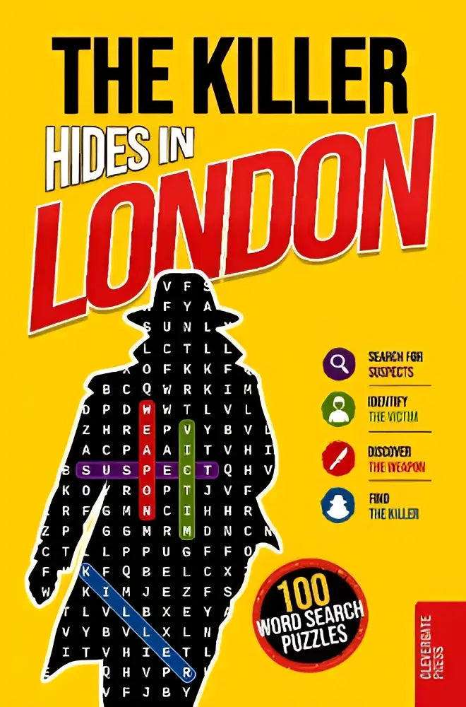 The killer hides in london murder mystery wordsearch book with bold yellow cover and detective silhouette filled with word grids
