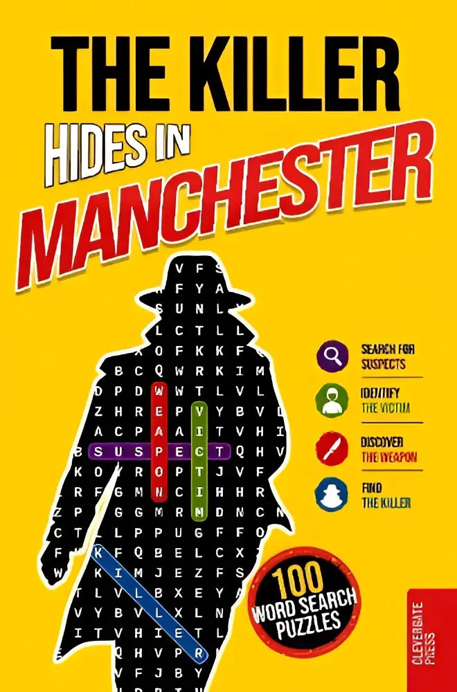 The killer hides in manchester murder mystery wordsearch book with bold yellow cover and detective silhouette