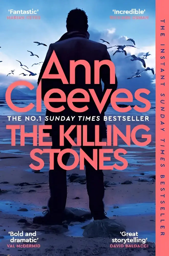 The killing stones paperback book by ann cleeves with bold pink and white text and a silhouette against a bird-filled sky