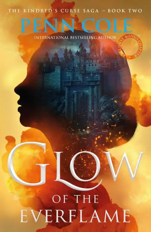 Boekomslag van glow of the everflame toont silhouet van vrouw met kasteel en vurige achtergrond als curse saga cover