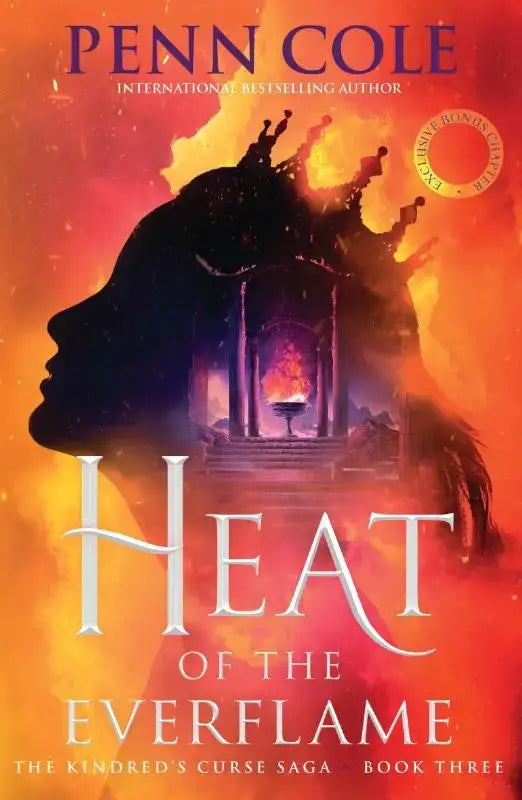 De cover van heat of the everflame toont een gekroonde silhouet tegen een vurige achtergrond in de kindreds curse saga