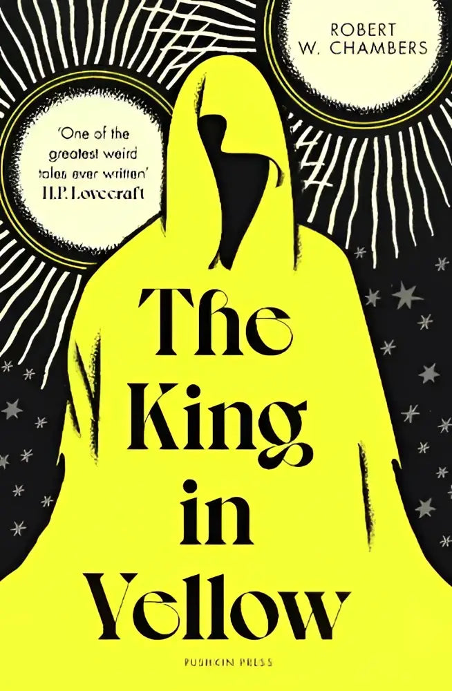 Gele boekenomslag van the king met zwarte silhouet van een hooded figuur tegen een sterrenhemel achtergrond