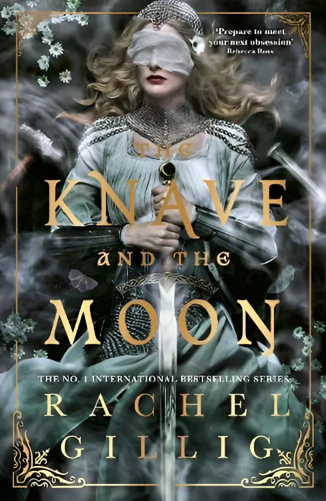 The knave and the moon book cover shows a woman in a silver medieval gown and jeweled headpiece, the spellbinding sequel to the knight and the moth
