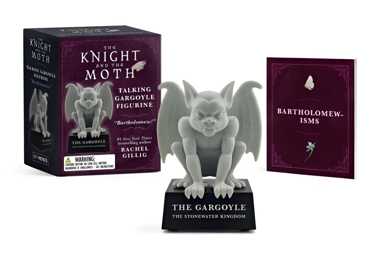 Gray stone-like gargoyle figurine with wings and menacing expression on black base labeled the gargoyle the stonewater kingdom from the knight and the moth talking gargoyle collectible