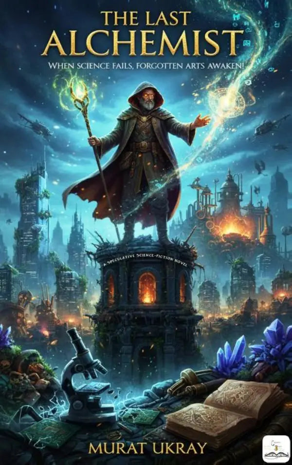 De last alchemist boekhoes toont een gewaadde alchemist op een oude toren met gloeiende magie in een futuristische stad, wanneer wetenschap faalt en vergeten kunsten ontwaken