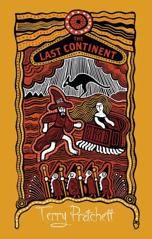 Boekcover van the last continent discworld novel 22 met gestileerde illustratie in rood en zwart en aboriginal patronen