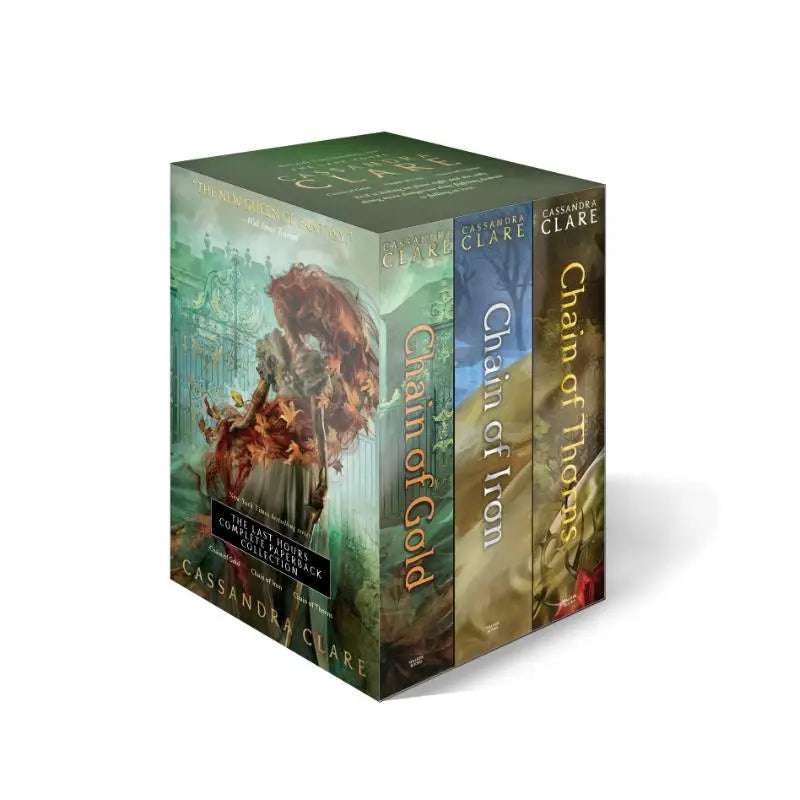 Groen en gouden hardcover boekendoos set van the last hours complete collection door cassandra clare over demonenjacht en verboden liefde
