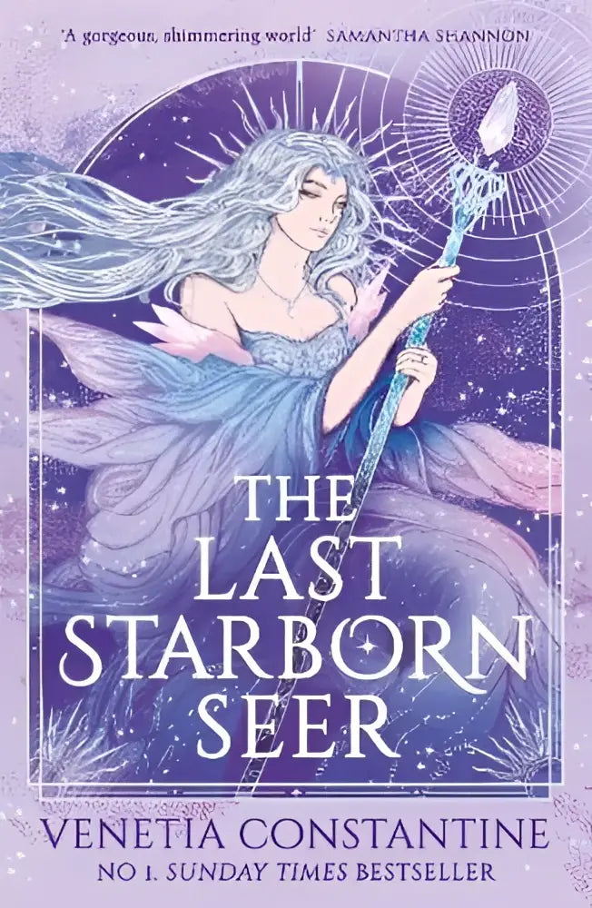 De last starborn seer fantasyroman door venetia constantine met zilverharige vrouw op sterrenscène, sunday times bestselling