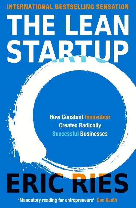 Blauw hardcoverboek the lean startup van eric ries met witte en oranje tekst en cirkelvormig ontwerp in producttitel