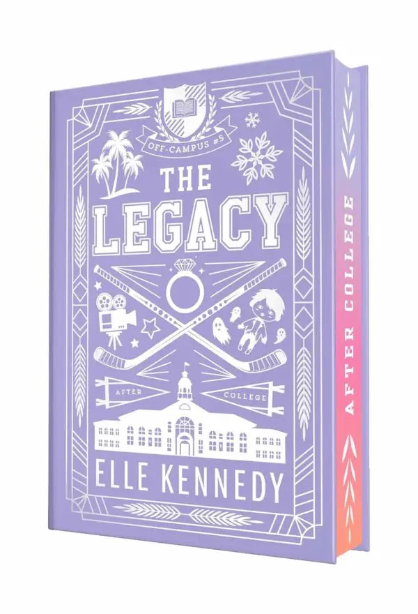 Paarse hardcover boek the legacy collector’s edition met wit illustratief ontwerp van hockeysticks, camera en campusbeeld