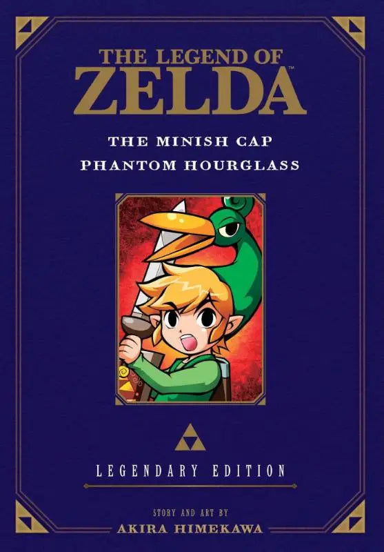 The legend of zelda the minish cap phantom hourglass legendary edition boekcover met link in groene tuniek en vogelachtig wezen op rode achtergrond