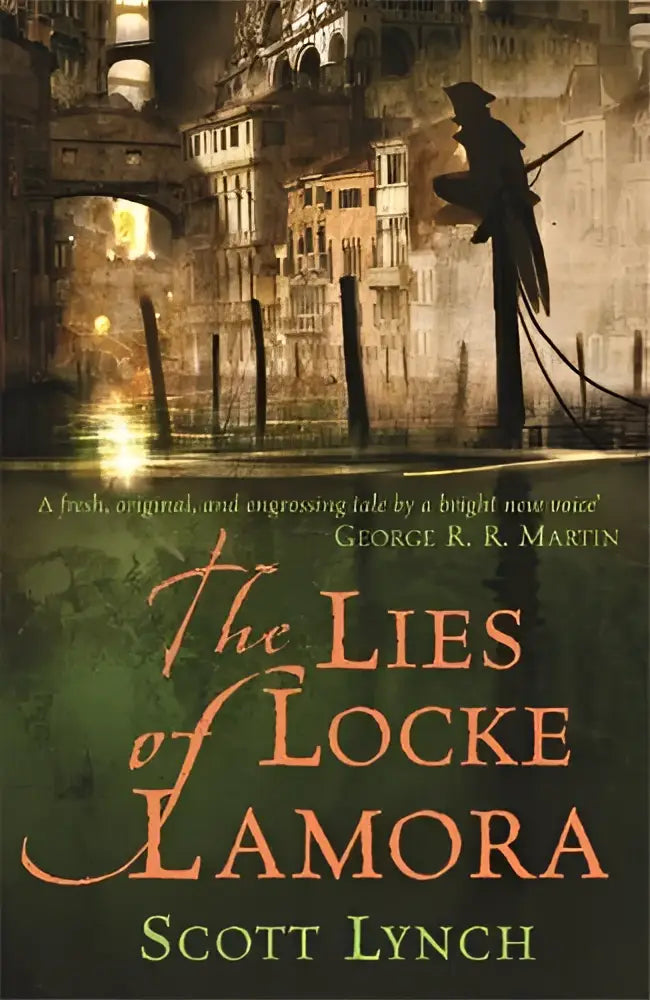 The lies of locke lamora book cover with sepia buildings and silhouetted figure in a deviously twisty fantasy adventure
