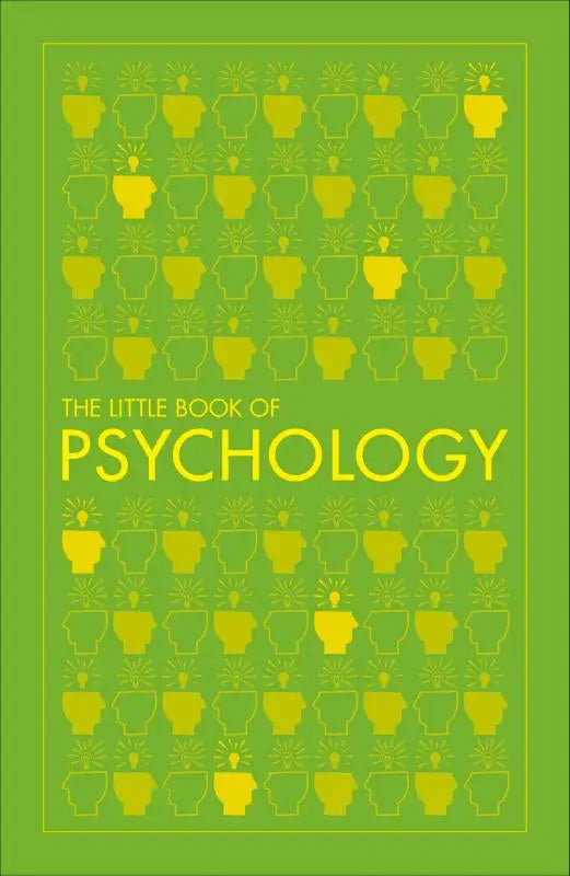Helder groen boek met de little book of psychology titel en gele silhouetten met gloeilampen patroon