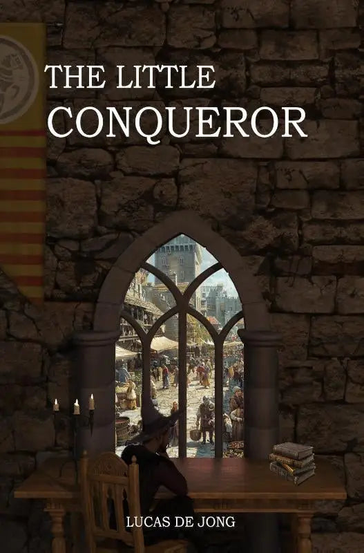 De little conqueror boekomslag toont een stenen kamer met een middeleeuwse marktplaats en witte serif titel