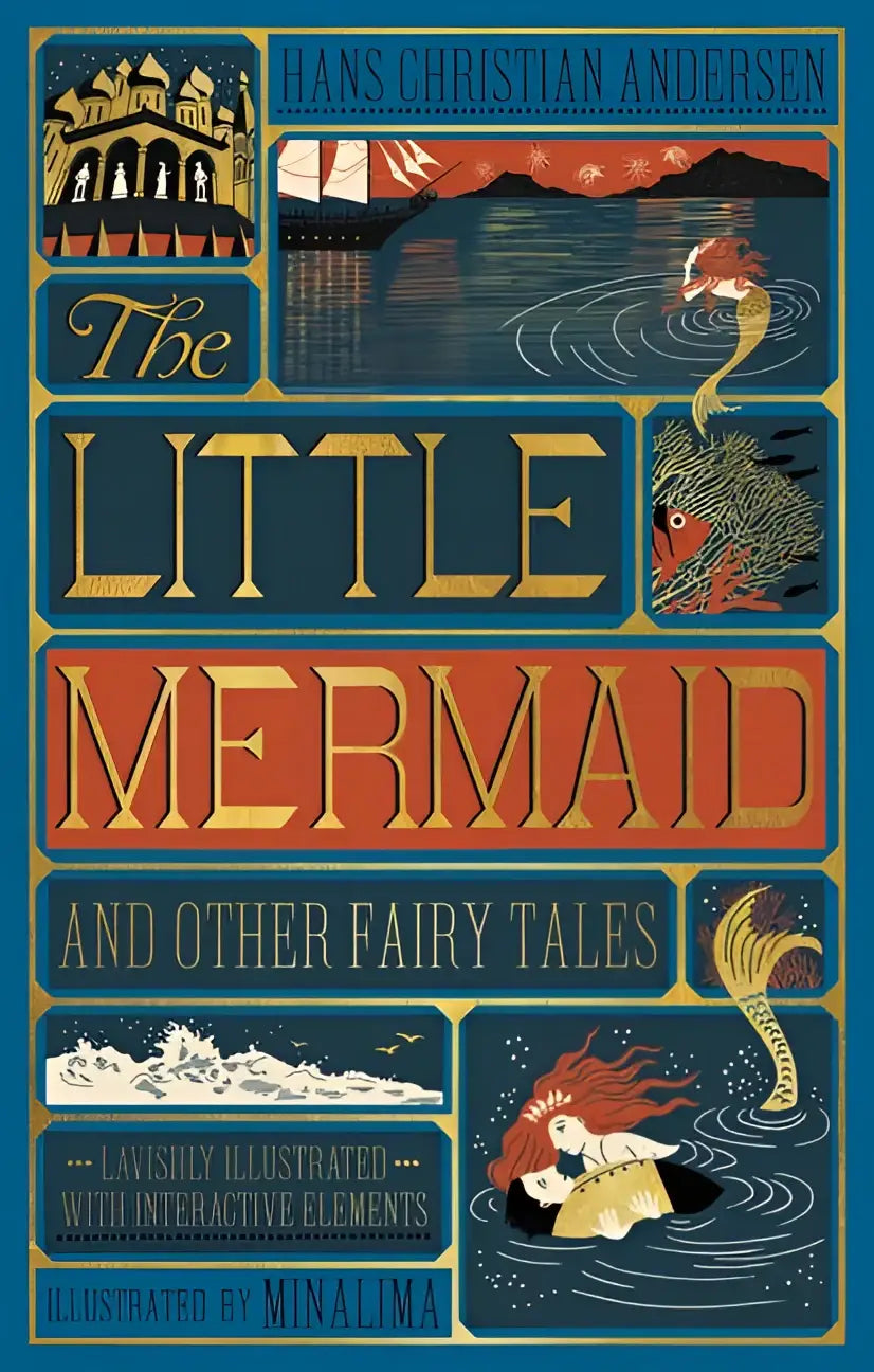Het boek the little mermaid and other fairy tales minalima edition met rijk geïllustreerde omslag en gouden letters op diepte teal en koraal achtergrond