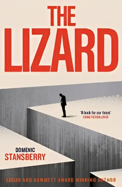 Boek the lizard met minimalistische grijze cover en rode letters over politieke verraad en psychologische ineenstorting