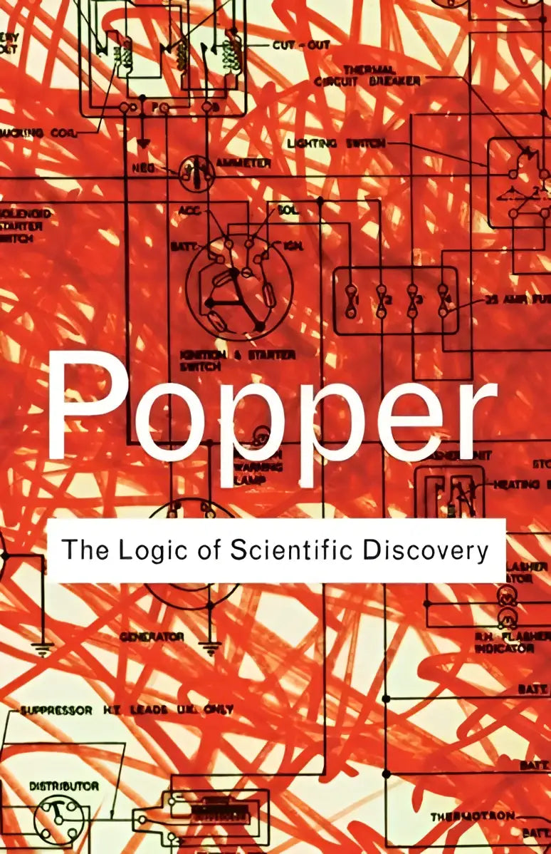 De boekomslag van the logic of scientific discovery toont de titel popper in wit op een rood crèmekleurig elektrisch schema