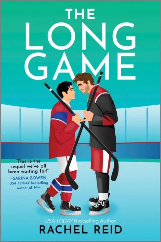 The long game boekcover met twee geïllustreerde ijshockeyspelers in rode en zwarte shirts op een ijsbaan