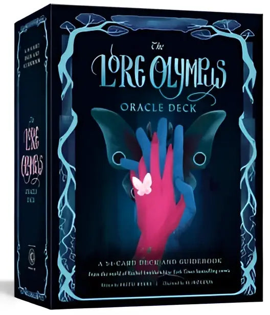 The lore olympus deck and guidebook set in dark blue packaging with teal borders featuring an illustrated handprint design